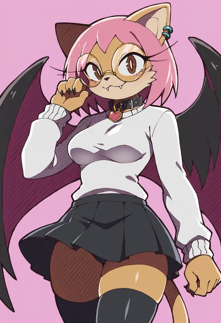 score_9, score_8_up, source_furry, 1girl, solo, furry, thighhighs, furry female, black thighhighs, wings, collar, pleated skirt, white pupils, black skirt, brown eyes, jewelry, earrings, round eyewear, pink hair, sidelocks, sweater, bangs, black wings, piercing, tan body fur, cat ears, cat tail, white shirt, medium breasts, tan muzzle fur, fangs <lora:Riders_XL_V2:0.9>, riders, shading