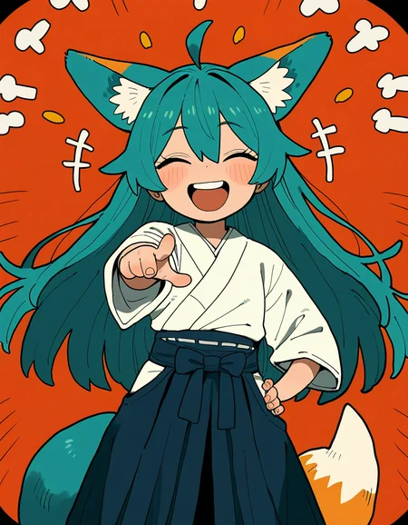 masterpiece, best quality, absurdres, highres, new, amazing quality, 1girl, fox-girl, laughing, long-hair, hakama, pointing-at-viewer, straight-on, cowboy-shot