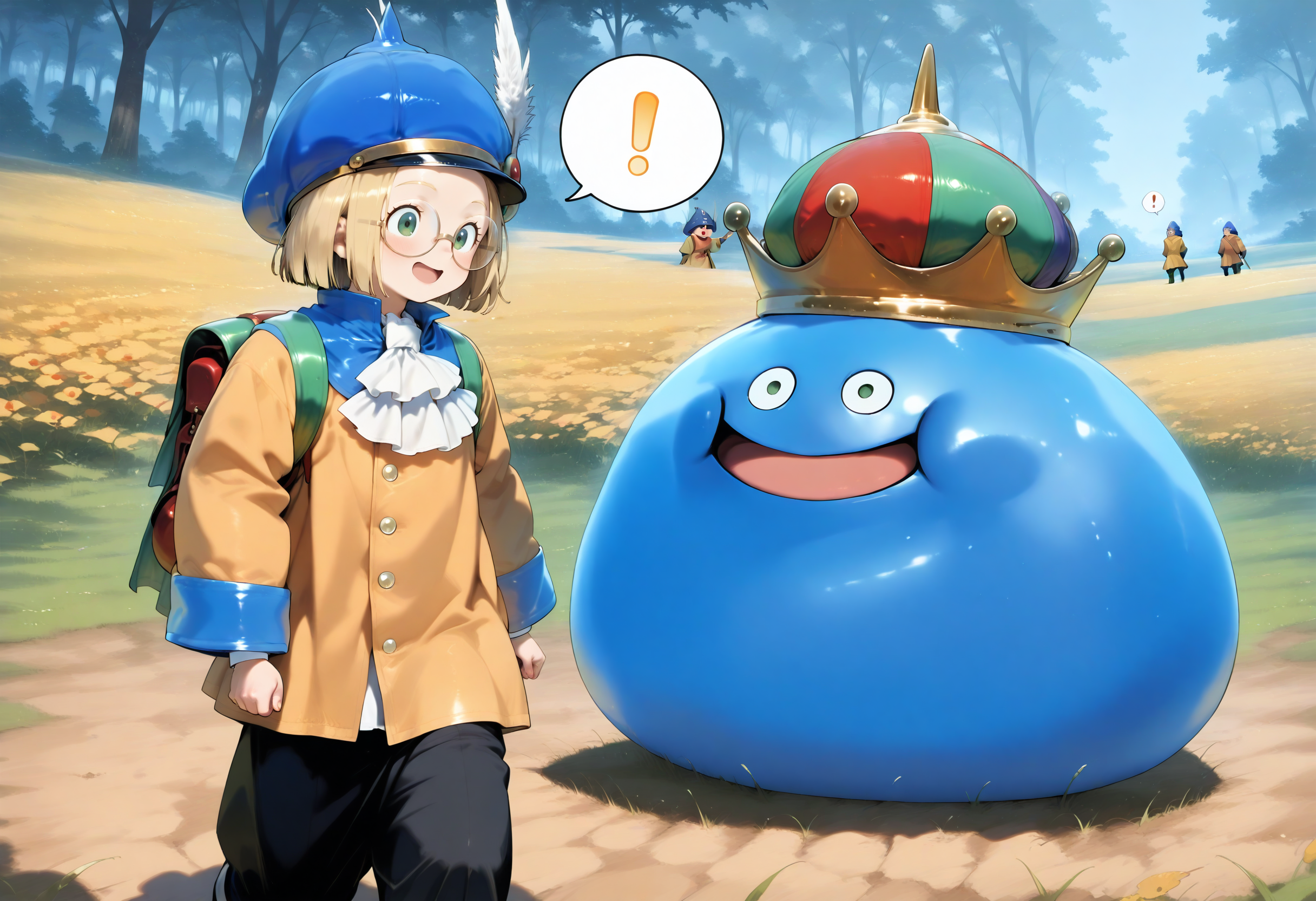 masterpiece,extreme detailed,outdoors,field BREAK hoimin2,2boys,glasses,blonde hair,short hair,hat,round eyewear,white ascot,blue headwear,long sleeves,green eyes,yellow jacket,black pants,<lora:hoimin_(dq)-NAI:1>,spoken exclamation mark,
masterpiece,extreme detailed,outdoors,field BREAK 2others,no humans,king slime,slime (dragon quest),crown,:D,open mouth,doyagao,<lora:king slime-IL:1>,