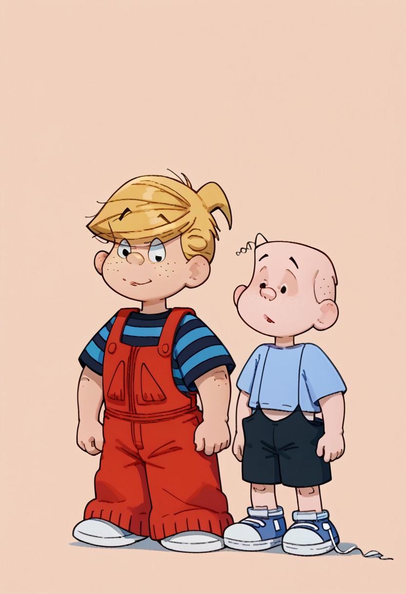 WangV2Style,
score_9, score_8_up, score_7_up, 2 characters, 2boys, [ right character (dennismitchell, 1boy, blond hair, freckles, blue and black striped shirts, red overalls, white sneakers) ], [left character (joeymacdonald, 1boy, solo, strand of black curly hair, light blue shirt, exposes stomach, black overalls, blue and white sneakers, loose laces) ]