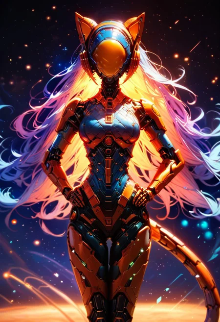 score_9, score_8_up, score_7_up, best quality, robot girl, solo, mcnm, mechanical visor, space helmet, cat-ear-parts, Streamlined gold color simple space suit, galaxy long hair, mechanical cat tail, standind, hands on hip, cross leg, wind swept hair, wide beach, beautiful sea,