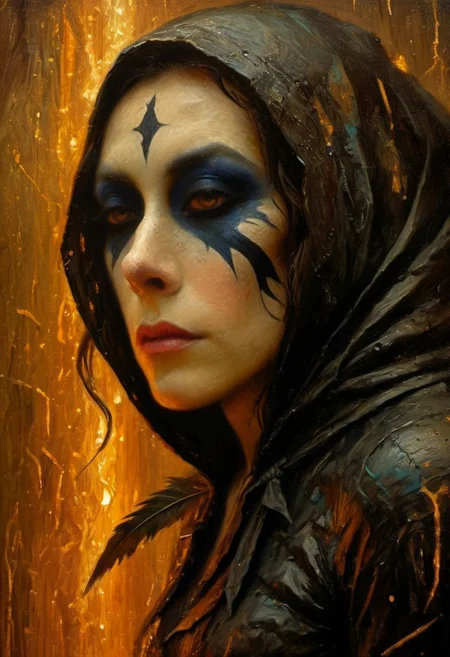 (((closeup painting))) of a female, crouched in an alley, harlequin makeup, tear streaked face, makeup running, brush strokes, impressionistic, (((dream the crow black dream))), horrifically captivating beauty, enticing the viewer closer, painted in style of clive barker, inspired with hellraiser like design, dark shot, shadows, dim light , dark light, red and black theme, cold city street, pouring rain, despair, revenge
BREAK
Dutch angle, unique perspective, dramatic lighting