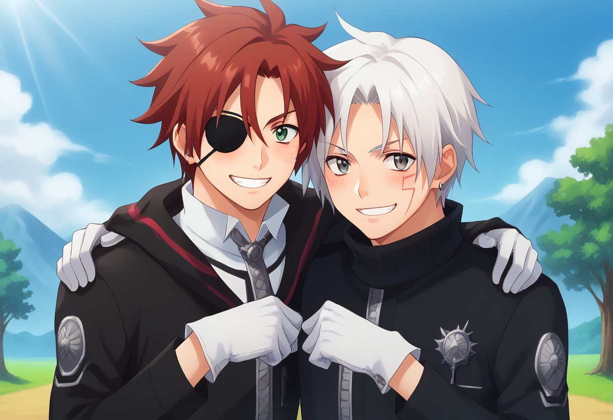 score_9, score_8_up, score_7_up, source_anime, highly detailed, 2boys,
allenwalker, 1boy, male focus, looking at viewer, grey eyes, white hair, facial mark, gloves, white gloves, slender, skinny, hoodie, long sleeves, BREAK
lavidgray, gloves, eyepatch, 1boy, male focus, red hair, arrings, jewelry, green eyes, sweater, long sleeves, smile, BREAK
outdoor, sky, tree, 
teeth, grin, blush, arm around shoulder, fistbump,