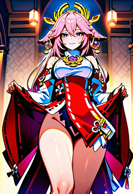 masterpiece, best quality, perfectly detailed, detailed face, detailed eyes, 1girl, Mature, complete clothes, BREAK,
Yae Miko \(Genshin Impact\), LIFT UP DRESS, hand on dress, lift up, FROM BELOW, CURTSEY,
complex background, detailed background