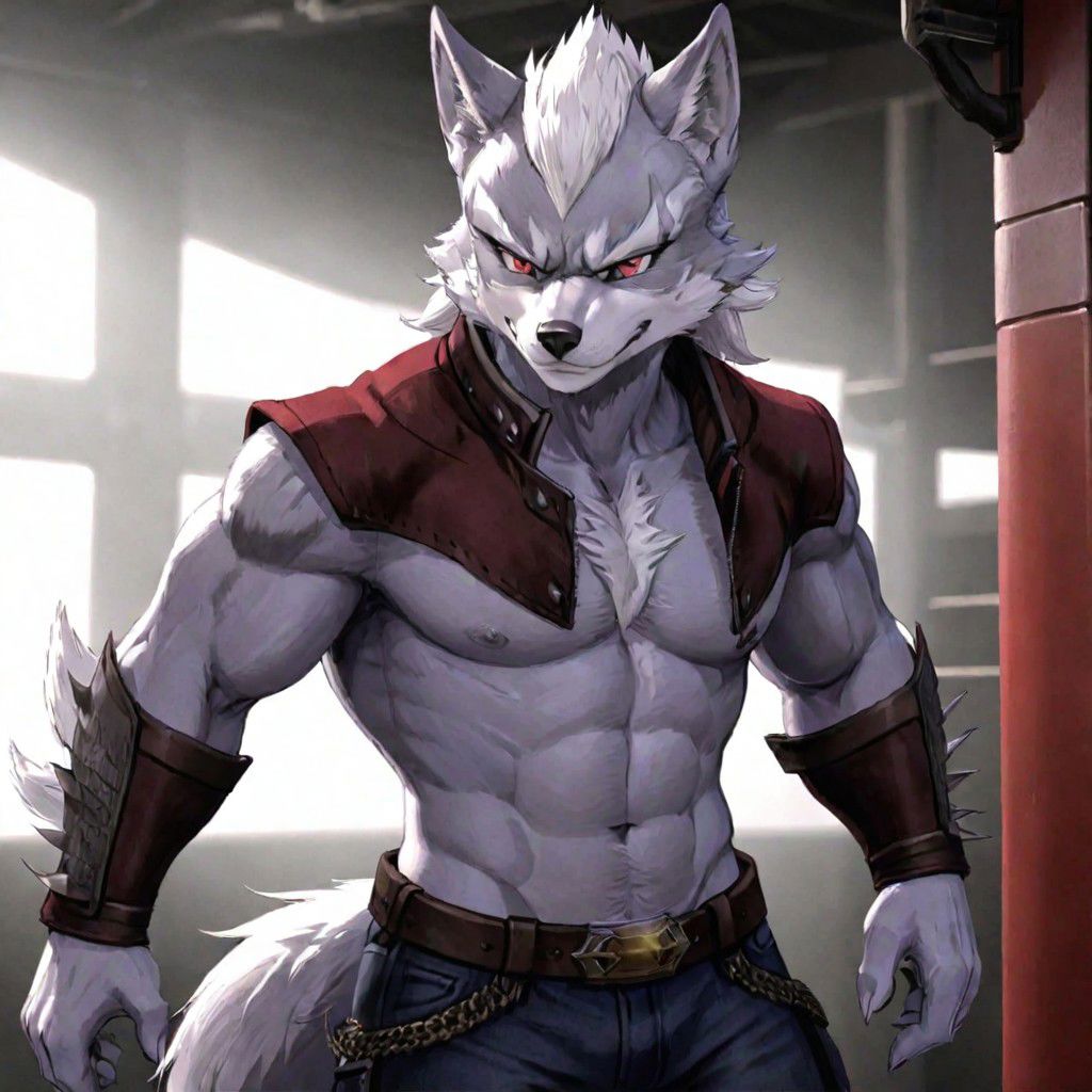 wolf o' donnel, shirtless, white hair, white mohawk hair style, white chest fur, red eyes, checky smile, penis bulge, tight pants, long tail