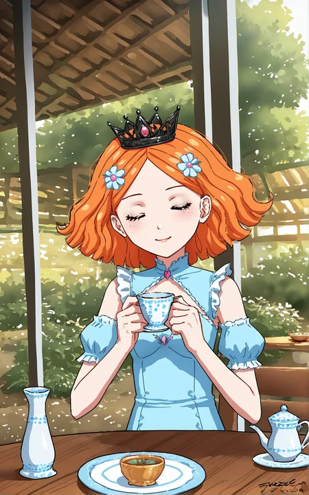 score_9_up, source_cartoon, suzieq, 1girl,  orange hair, solo. hair ornament, flower, hair flower, short hair, blue eyes,heterochromia,  hairclip,queen outfit. crown.  table. tea cups. holding tea cup.    leggings. garden.  closed eyes.
