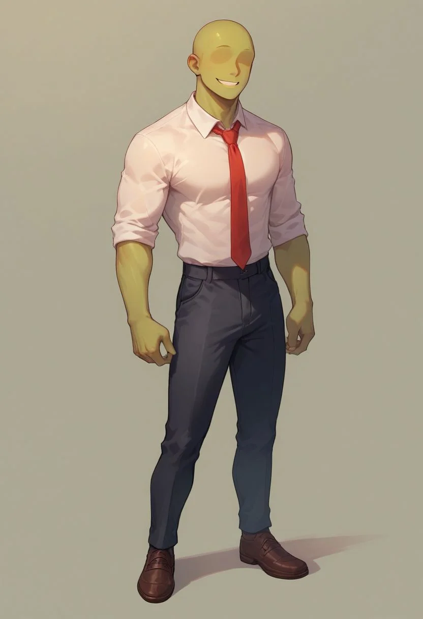 score_9, score_8_up, score_8,
1boy, solo, green skin, no eyes, no eyebrows, bald, black business suit, white under shirt, red tie, black suit pants, average body, full body, smiling