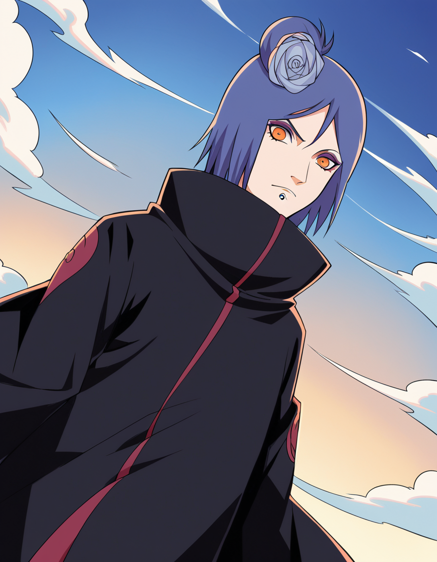 score_9, score_8_up, score_7_up, source_anime, <lora:konan-shippuden-anime-ponyxl-lora-nochekaiser:1>, konan, short hair, hair ornament, blue hair, flower, hair flower, orange eyes,, coat, cloak, black coat, black cloak, akatsuki uniform, akatsuki (naruto), labret piercing, eyeshadow,, restaurant, laughter, good food, warm lighting, celebration, , looking at viewer, arm wrapped around someone, solo,, cowboy shot, dutch angle
