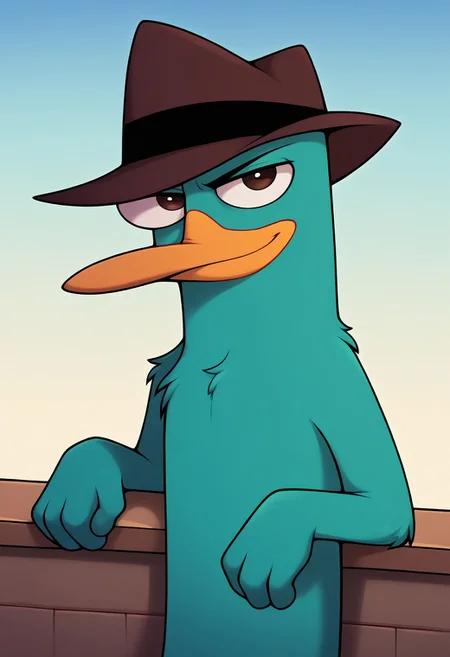 c4toony style, perry_the_platypus, solo, score_9, score_8_up, score_7_up, score_6_up, score_5_up, score_4_up, source_furry, hi res, sfw, 2D artwork.
1boy, solo, perry, teal fur, male furry, fur, duck bill, orange beak, brown eyes, feral, biped, serious expression, smile. brown fedora, spy hat, hand over hat.
from front, portrait, outdoors, blue sky, looking at viewer