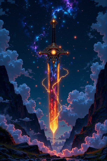 <lora:Vibrantly_Dark_style_v.1:0.8> VibrantlyDark style. This digital artwork depicts a fantastical, epic scene featuring an enormous, ornate sword hovering majestically in the night sky. The sword is the central focus, with a blade glowing in vibrant colors of red, orange, and yellow, transitioning into blue and purple hues near the edges, suggesting a fusion of energy and material. Its hilt and crossguard are adorned with intricate, fantastical designs that blend elements of medieval and sci-fi aesthetics. The sword's pommel glows a bright, pulsing blue, and a swirling energy effect emanates from its tip, flowing out like a glowing trail. The background is an awe-inspiring night sky filled with stars and nebulae, providing a dramatic contrast to the dark, stormy clouds below. The clouds are illuminated with faint light, suggesting an ethereal, otherworldly environment. The scene is framed by dark, rocky, mountainous terrain with sparse patches of green grass, adding a sense of scale and depth. The horizon is slightly misty, contributing to the surreal, almost dreamlike atmosphere. The overall color palette includes deep blacks, rich purples, and vivid cosmic hues, blending the mystical with the celestial.