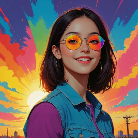 A painting of a young woman wearing reflective rainbow tinted glasses, smiling at the sun.

<lora:PopArt01a_CE_XL_300-OT:0.6> popartCE_style