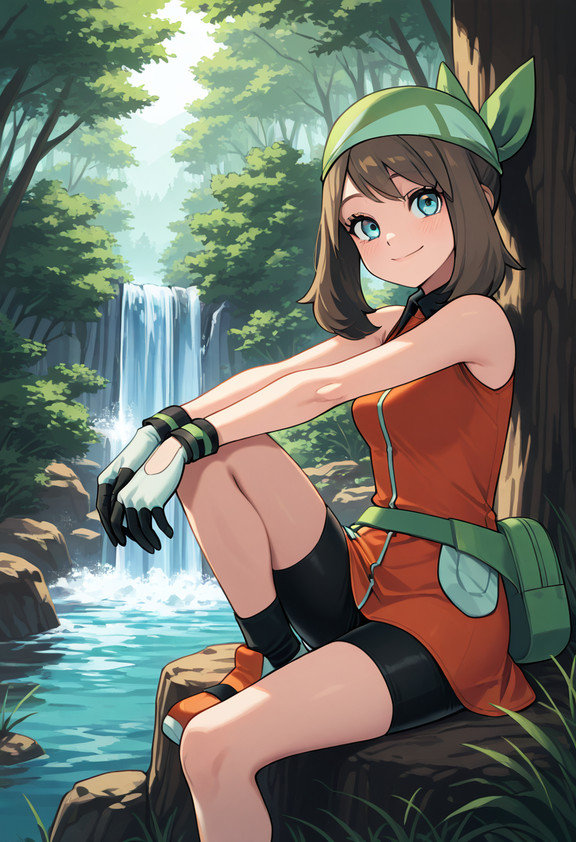 masterpiece, best quality, 1girl, solo, eyelashes, (beautiful eyes), smile, looking at viewer,    zzMayEm, blue eyes, brown hair, medium hair, green bandana, orange dress, bike shorts, sleeveless, gloves, fanny pack, green bag, forest trail, waterfall, peaceful smile, resting pose, sporty outfit. Sitting beside a waterfall, zzMayEm smiles peacefully, her gloves resting on her lap, shoes dusty from the trail behind her.   <lora:MayEmeraldPokemon_IXL_v2:1.0>,
