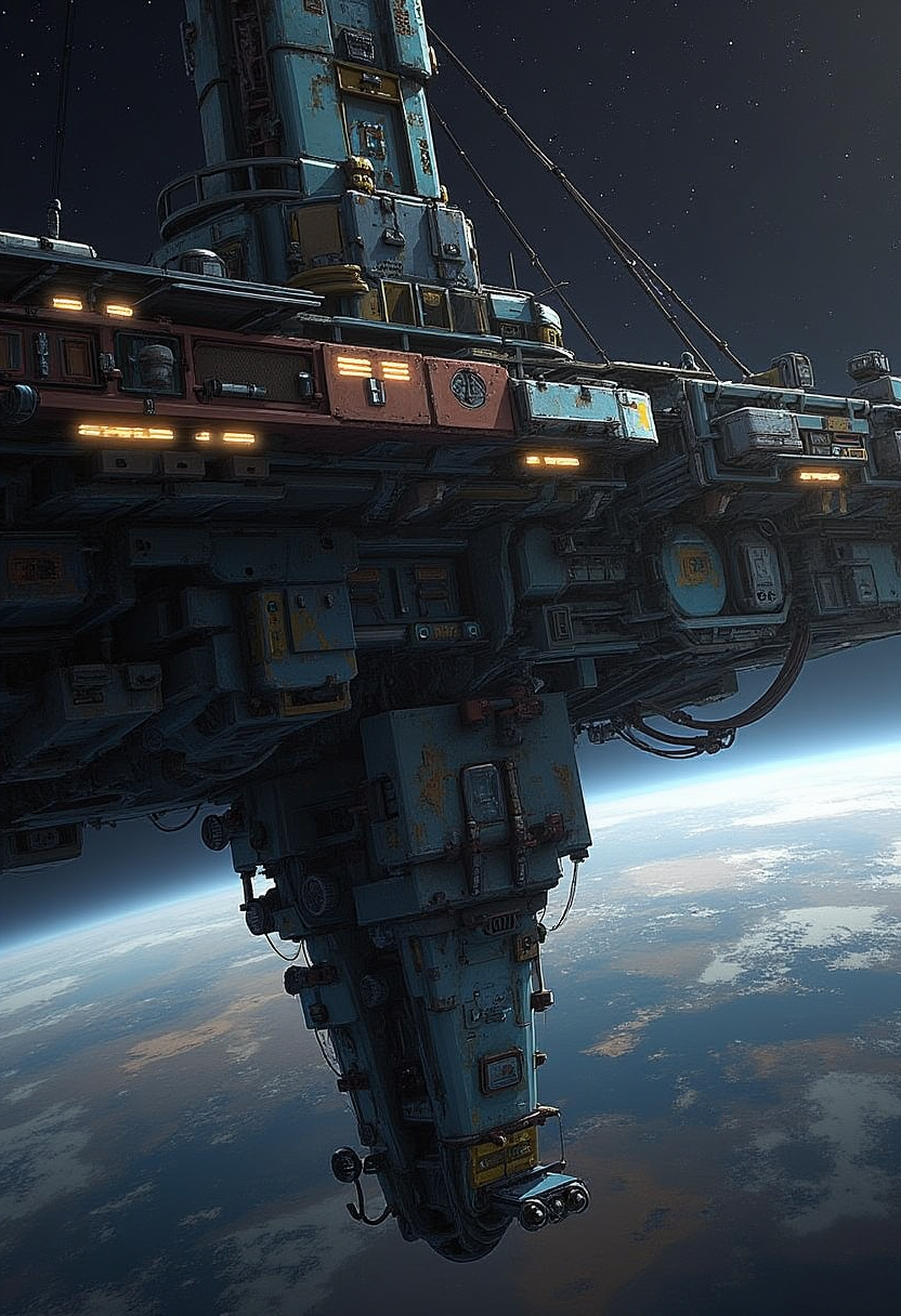 YFG-Hamrater A massive orbital station hovering above a decaying Earth, its glowing structures visible against the deep, starry void. The station's intricate design and the interplay of light and shadow channel Hamrish Frater's visual storytelling.