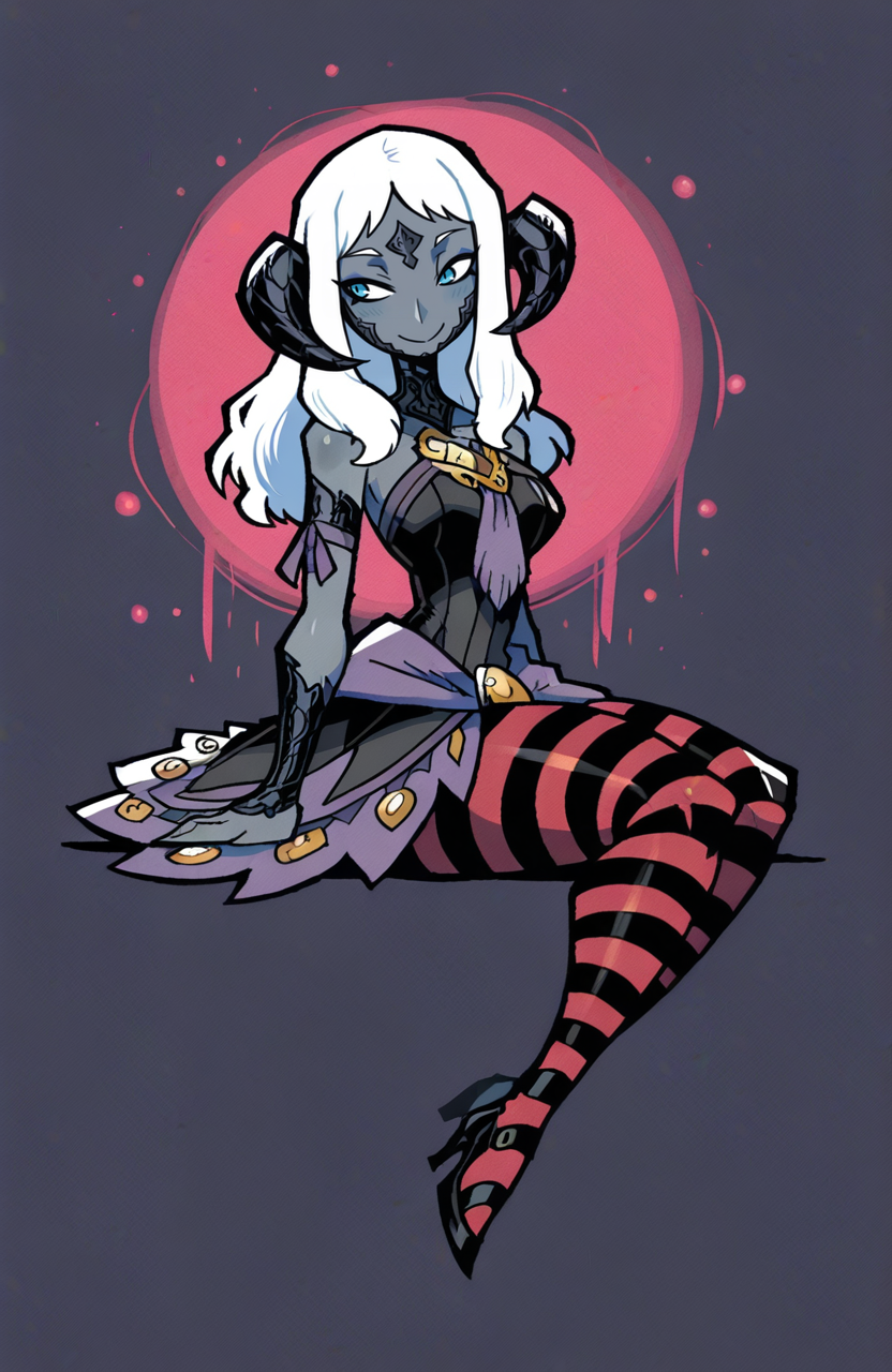 1girl, solo, <lora:rariatoo:1> rariatto,
<lora:SaduDotharlIL_v1.0:0.8> sadudotharl, grey skin, horns, white hair, scales, pinup fashion, sweetheart top, circle skirt, striped pantyhose, ribbon, vintage heels, sitting, slight head tilt, secretive smile, dark ambiance, floating, extremely detailed, highres, masterpiece, best quality