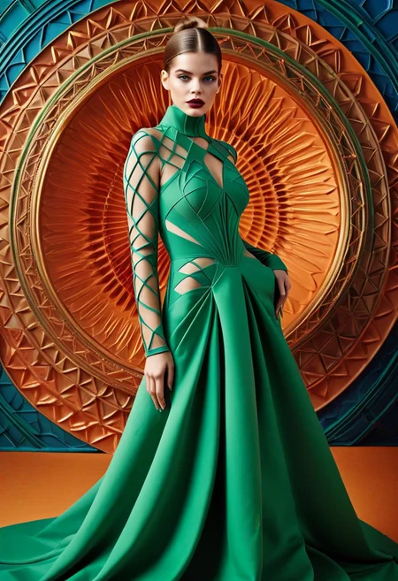 A (((high-budget fashion magazine editorial cover photo))), Haute Couture, a BARBARA PALVIN-like model dressed in a luxurious, green handcrafted cotton dress with a futuristic style, with studio lighting and a (over the shoulder shot), giving off a (Kodak Portra 400 film aesthetic) that exudes an air of sophistication and advanced technology, seamless pattern of fused plastics of varying hues created in shapes of sacred geometry background, green orange red blue background, green orange red blue, Masterpiece, Best resolution, Sharp, HD,Detailed, Award Winning,4K, Professional of Artstation