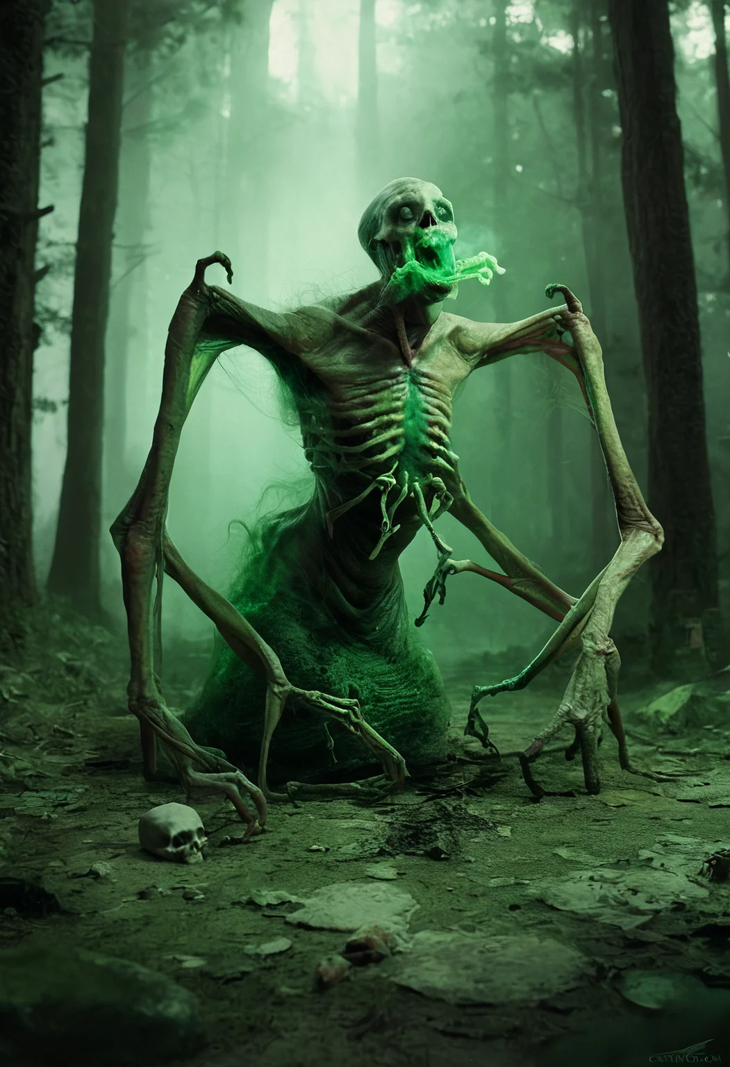 score_9, score_8_up, score_7_up, zy_monster, realistic, catacomb, shambling monstrosity, loose flesh, twisted limbs, bone-thin, sunken eyes, pale green glow, decay, sulfuric smell, slithering tendrils, pulsating, rot, gaping mouth, crooked teeth, grotesque, horror, eerie, unsettling, dark atmosphere, decaying environment, forest, dark fantasy, highly detailed, high contrast, film grain, <lora:zy_Horror_Monsters_PonyRealism_v1:0.75>