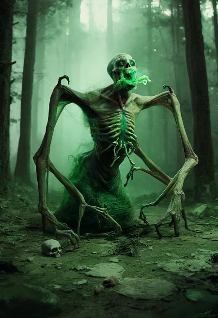 score_9, score_8_up, score_7_up, zy_monster, realistic, catacomb, shambling monstrosity, loose flesh, twisted limbs, bone-thin, sunken eyes, pale green glow, decay, sulfuric smell, slithering tendrils, pulsating, rot, gaping mouth, crooked teeth, grotesque, horror, eerie, unsettling, dark atmosphere, decaying environment, forest, dark fantasy, highly detailed, high contrast, film grain, <lora:zy_Horror_Monsters_PonyRealism_v1:0.75>