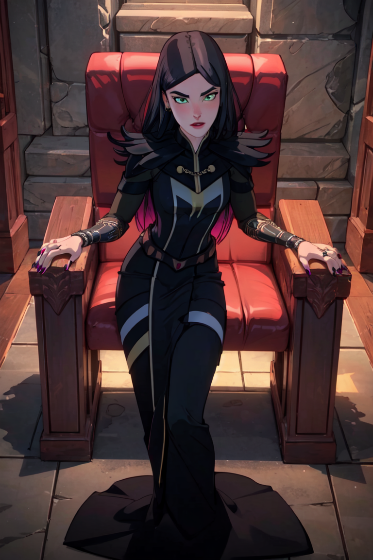 (Claudia), black dress, long hair, green eyes, black fingernails, purple magic, casting a spell, orb, (castle, dark room, throne room), (realistic:1.2), (masterpiece:1.2), (full-body-shot:1),(Cowboy-shot:1.2), dark romantic lighting, (highly detailed:1.2), (detailed face:1.2), (gradients), colorful, detailed eyes, (natural lighting:1.2), solo, <lora:add_detail:0.3> <lora:DragonPrinceClaudia-10:0.8> <lora:BeautifulEyes:0.3>