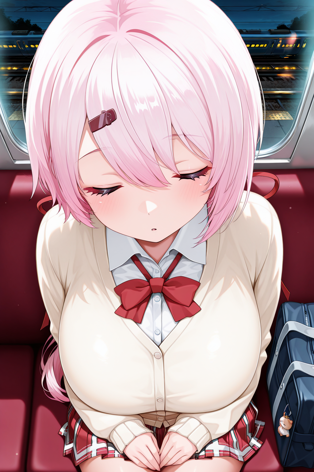 1girl, ShiinaYuikaNijisanji,
general, solo, perspective, straight-on, dynamic angle, from above,
pink hair, hairclip, hair between eyes, eyelashes, 
ponytail, huge breasts,
cardigan, collared shirt, neck ribbon, pleated skirt,
sleeping, sitting,
indoors, train, night, seat, school bag,
<lora:kp_ShiinaYuikaNijisanji1stCostumeIllustrious_v1_0:1.0>,
masterpiece, best quality, amazing quality