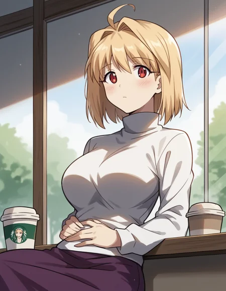 score_9, score_8_up, score_7_up, source_anime, <lora:carnivalphantasm-arcueid-brunestud-ova-ponyxl-lora-nochekaiser:1>, arcueid brunestud, blonde hair, red eyes, short hair, ahoge, large breasts,, long skirt, purple skirt, skirt, sweater, turtleneck, white sweater,, cafe, coffee cup, barista, sitting down, talking, relaxing, sunlight through window, , looking at viewer, hand on stomach, blush,, solo,, dutch angle, cowboy shot