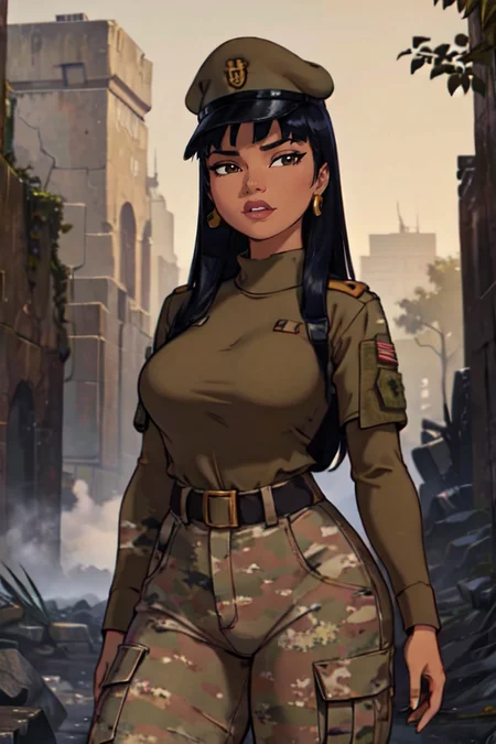 chel, large breasts, wide hips, <lora:Chel:0.6>, (masterpiece:1.2, best quality:1.2, beautiful, high quality, highres:1.1, aesthetic), detailed, extremely detailed, ambient soft lighting, 4K, perfect lighting, (wearing army camouflage uniform, cap, rifle, forest, camp), <lora:Army uniform By Stable yogi:1>