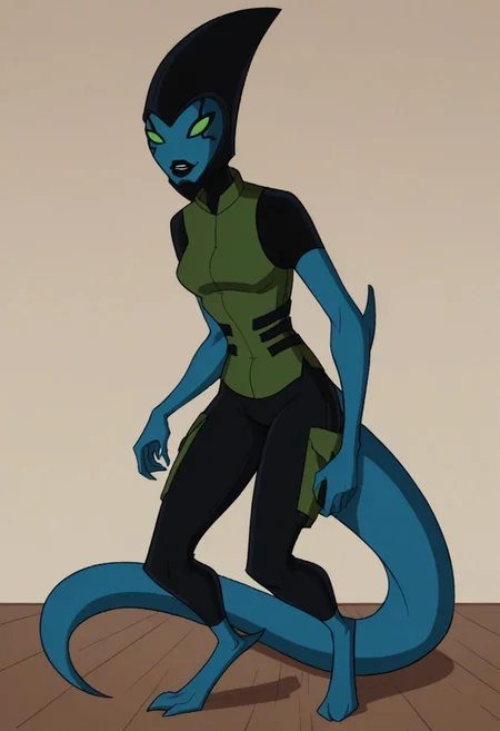 score_8, score_8_up, score_7_up, 1girl, female focus, solo, Kineceleran female, Helen_B10AF, long elliptical and pointed black cone-like helmet, green eyes, blue skin, black lips, black facial markings, long prehensile blue tail, black green uniform, black orbs feet, three fingered hands, in a room, smile, standing, looking at viewer, full body,