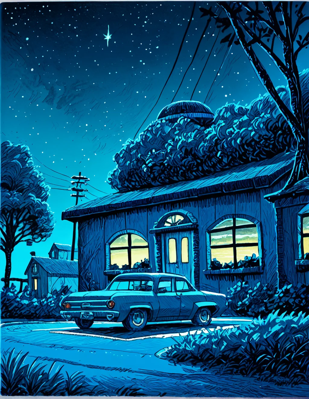 score_9, score_8_up, score_7_up,
t1md0yl3, outdoors scenery, sky, tree, no humans, window, night, traditional media, grass, building, star (sky), night sky, motor vehicle, starry sky, blue theme, car, bush, road, house, power lines, utility pole
<lora:tim_doyle-Pony-v1:1>