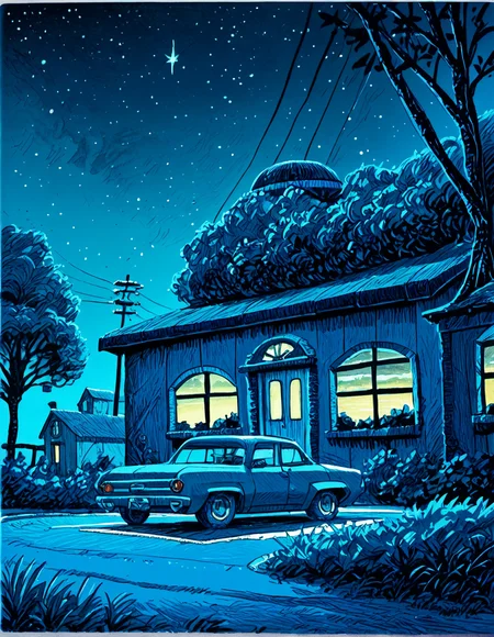 score_9, score_8_up, score_7_up,
t1md0yl3, outdoors scenery, sky, tree, no humans, window, night, traditional media, grass, building, star (sky), night sky, motor vehicle, starry sky, blue theme, car, bush, road, house, power lines, utility pole
<lora:tim_doyle-Pony-v1:1>