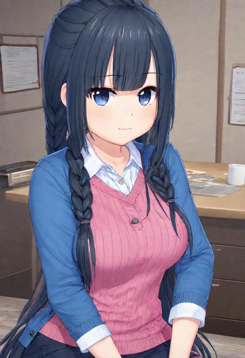 masterpiece,chibi, photograph,realistic lighting,dark blue button shirt with thin white vertical lines, blue sweater absurd quality,realism best quality,long hair, messy hair, happy, blackish blue hair,pink eyes, long hair,large breasts,shy,fat:1.4,chubby:1.3,thick body,hair braid, ,thick thighs,thick arms,fat legs,saggy breasts,dark blue shirt with thin white vertical lines, black leggings,hair braid, Braid over shoulder, brown skirt,