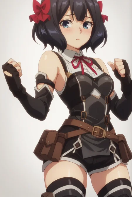 (score_9,score_8_up,score_7_up, ),<lora:TXWL_DN_v2.0_pony-000036:1>,
TXWL_DN,1girl,solo,black hair,fingerless gloves,thighhighs,blue eyes,short hair,black thighhighs,blush,red ribbon,black gloves,hair bow,belt,detached sleeves,black shorts,belt pouch,cowboy_shot,simple_background,gray_background,shirt,thigh_boots