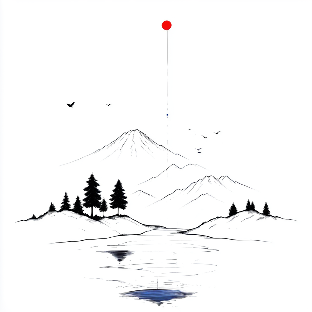 <lora:Minimalist_Line_Art:1>, ArsMJStyle, Minimalist Line Art,  Spot Colors, art landscape, A black and white illustration of a red balloon floating in the air., no humans, mountain, bird, tree, mount fuji, border, nature, monochrome, white background, lake, outdoors, forest, scenery, simple background, reflection, water