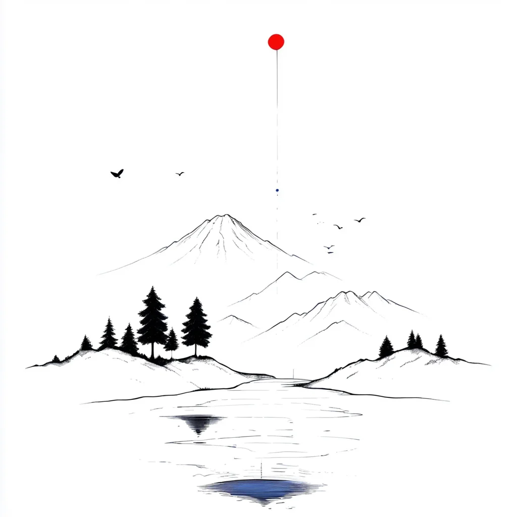 <lora:Minimalist_Line_Art:1>, ArsMJStyle, Minimalist Line Art, Spot Colors, art landscape, A black and white illustration of a red balloon floating in the air., no humans, mountain, bird, tree, mount fuji, border, nature, monochrome, white background, lake, outdoors, forest, scenery, simple background, reflection, water