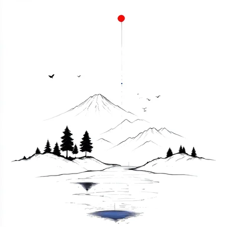 <lora:Minimalist_Line_Art:1>, ArsMJStyle, Minimalist Line Art, Spot Colors, art landscape, A black and white illustration of a red balloon floating in the air., no humans, mountain, bird, tree, mount fuji, border, nature, monochrome, white background, lake, outdoors, forest, scenery, simple background, reflection, water