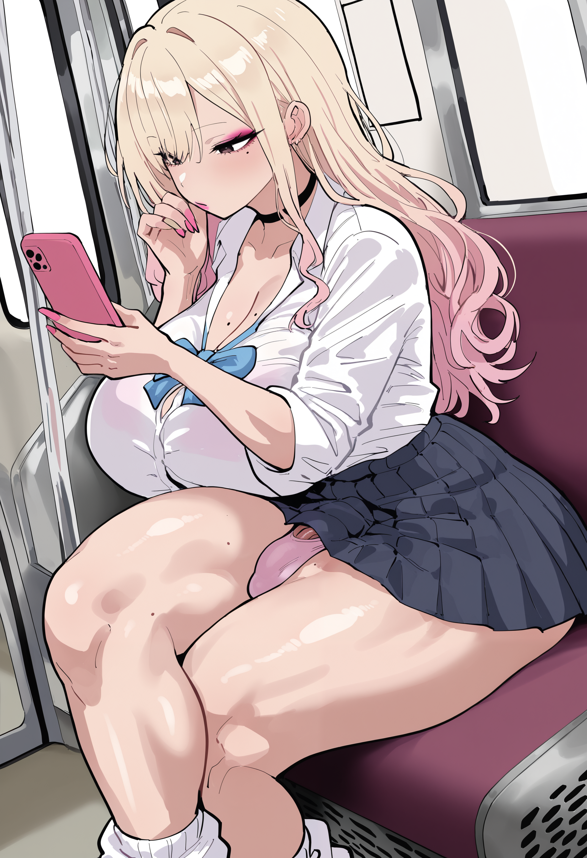 1girl, futanari,bulge, penis peek, panties, huge breasts, thick thighs, wide hips, muscular thighs, gyaru, makeup, nail polish, sitting, bobby socks, mole on breast, train interior, loose socks, wavy hair, swept bangs, looking at phone, one hand holding phone, pleated skirt,pink panties,  crossed legs, 
masterpiece, best quality, amazing quality, very aesthetic, absurdres,  newest, 
