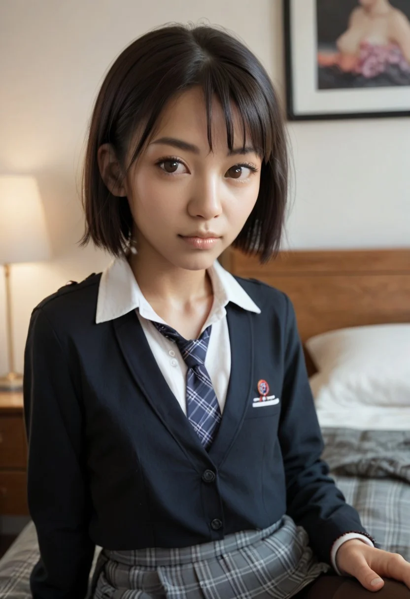 portrait, score_9,score_8_up,score_7_up,score_6_up, uncensored, (1girl, 19yo, Asian, black hair, flat chested, bob hairstyle, human eyebrows, dark brown eyes), bedroom, school uniform, necktie, plaid, pantyhose,