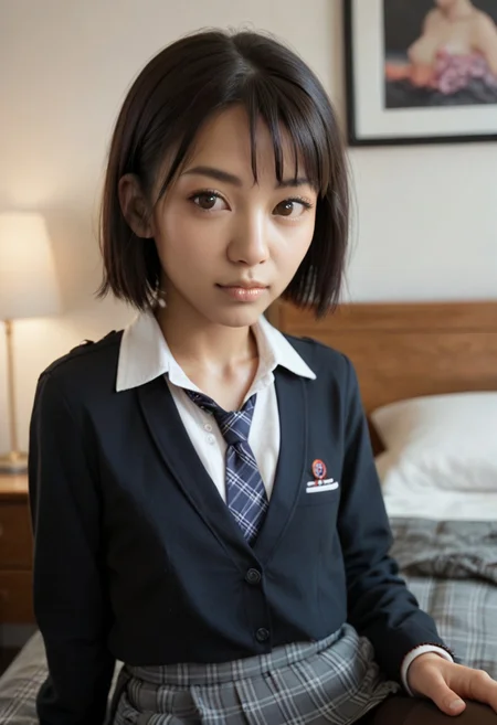 portrait, score_9,score_8_up,score_7_up,score_6_up, uncensored, (1girl, 19yo, Asian, black hair, flat chested, bob hairstyle, human eyebrows, dark brown eyes), bedroom, school uniform, necktie, plaid, pantyhose,