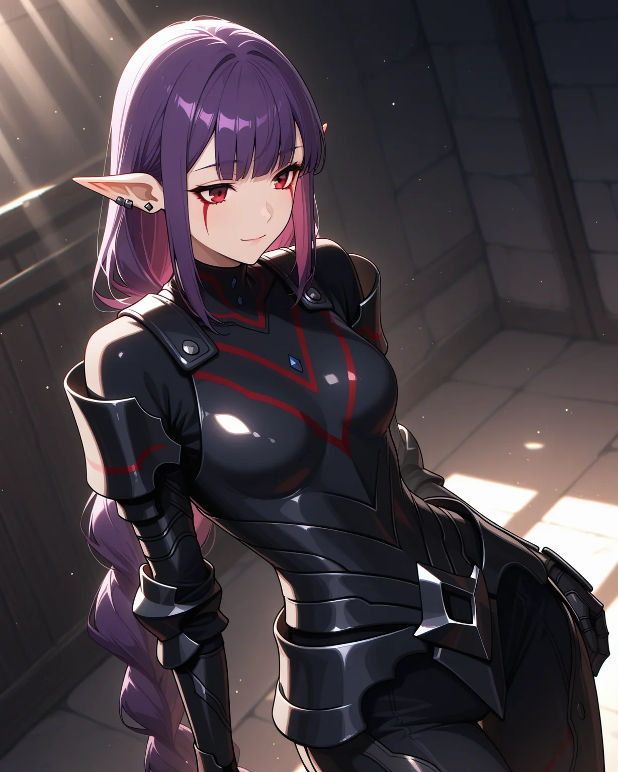 (black armor:1.50),
sl-esil, red eyes, purple hair, blunt bangs, ear rings, ear piercings
medium breasts, 1girl, (solo:0.60), (skinny:0.8),
(masterpiece, highres, ultra-detailed,very aesthetic, best quality, absurdres, high quality, highres),
light smile,
folded,
(:0.90),
BREAK,
,
light particles light rays sunlight
,
long braid
<lora:sl-esil-V03-illXL-000002:0.70>