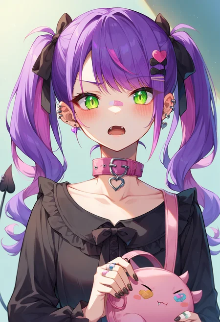 <lora:jirai_kei_style_pony:1> score_9, score_8_up, score_7_up, score_6_up, score_5_up, score_4_up, source anime, jirai kei, 1girl, solo, purple hair, green eyes, bandaid, piercing, looking at viewer, ear piercing, blush, long hair, twintails, bangs, black bow, demon tail, multicolored hair, hair bow, bow, jewelry, ring, frills, pink hair, pink bag, black nails, fangs, collarbone, upper body, open mouth, heart, pink collar, holding, black shirt, black dress