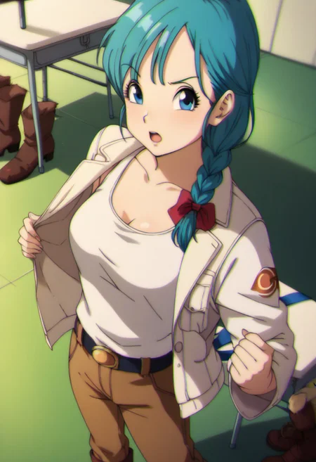score_9,score_8_up,score_7_up,score_6_up,chromatic aberration,bulma \(dragonball\), 1girl,bulma,bulma from dragon ball, solo, long hair, open mouth, blue eyes, ribbon, aqua hair, hair ribbon, braid, boots, belt, pants, single braid, tank top, braided ponytail, white topwear, brown pants, brown footwear, jacket removed, girl standing,table, chair, raised eyebrows, looking at viewer, medium breasts, collarbone, eyebrows, eyelashes, arms by side,blurry, blurry background,cowboy shot, dutch angle