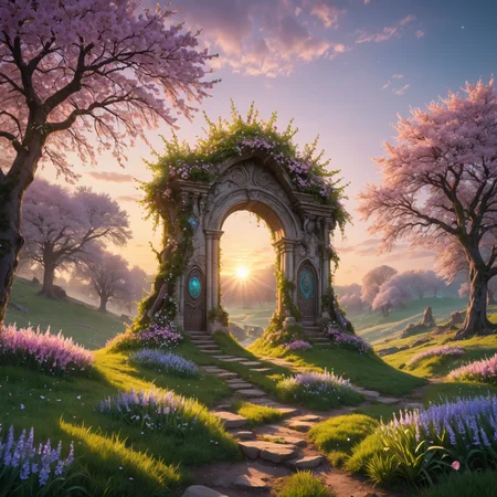 (8k digital photography, raw photo:1.2),
a faerie beautiful spring landscape at (dawn with magical portal towering over it all:1.1)