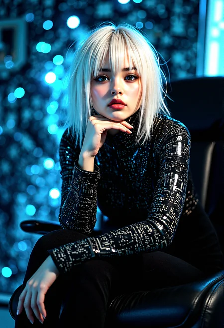 midjourney_whisper_innocent_eyes,
extremely photorealistic depiction of a slightly voluptuous gorgeous female character  with futuristic latex outfit electronic circuit printed. Her unrealistic beauty with perfect skin almost doll like face with platinum blonde  asymetrical hair  against a detailed circuit board background. The circuit board is illuminated with blue lights and complex patterns.  the lighting is soft, highlighting her features. The camera shot is a wide shot, capturing her full body and the detailed background.Soft underlighting to highlight features, Bounced light from metallic surfaces. Dual-tone lighting setup. 
Micro-details in latex and fabric, Realistic wear and tear on materials, Ray-traced reflections, High-frequency detail enhancement, High-resolution shadow mapping, Seated on a futuristic chair with legs crossed, hands resting on her chin, calm expression.





