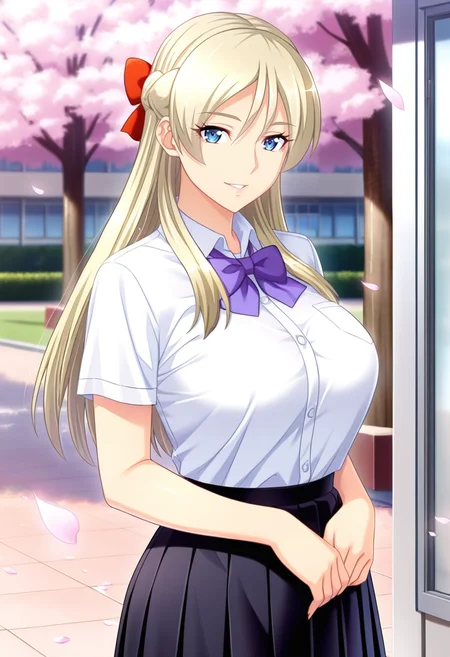 masterpiece, best quality, amazing quality,mildred von lislstadt, blue eyes, blonde hair, braid, long hair, mature female, 1girl, breasts, solo, large breasts,school uniform,pleated skirt,white shirt, black skirt, purple bow,short sleeves, parted lips, light smile, standing, looking at viewer, cowboy shot, blurry background, outdoors, school, cherry blossoms <lora:mildred von lislstadtV1:0.9>