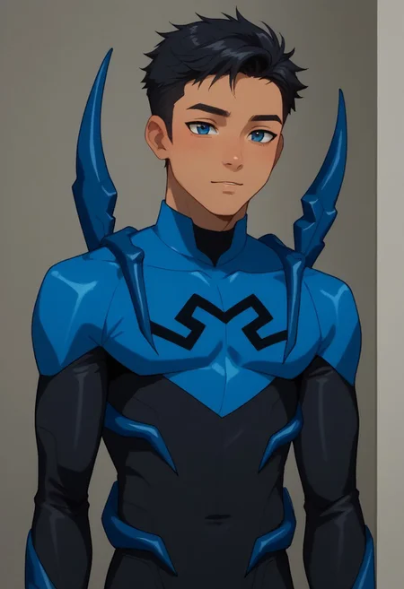 score_9, score_8_up, score_7_up, highly detailed, cute boy, 1boy, solo, Blue beetle, blue and black costume, black hair, brown skin