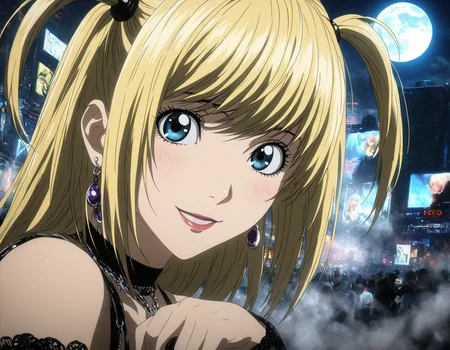 1girl, portrait of Misa Amane, death note, Modern Anime, adult female, From Death Note anime, best quality, 8K, DSLR quality, Bloom Lighting, Good Face, Beautiful Face, Slim, highly detailed, glow, extreme details, fog, smoke, blond hair, full body, happy, smile, perfect eyes, <lora:perfect-eyes:1>, perfecteyes, eyes reflection, detailed eyes, upper body, hdr quality, full of color, smoke, cinematic, night, moon light, 2010s, windy, hair swaying in wind, purple nail polish, nigh time, blue eyes, grainy, chromatic aberration, adult woman, Depth of field effect, uwu, cute, blush, perfecteyes, eyes reflection, detailed eyes, upper body, shy smile, hdr quality, hands doing cute pose, full of color, smoke, cinematic, in city, times square, no crowd, <lora:misa_amane-step00000862:1>