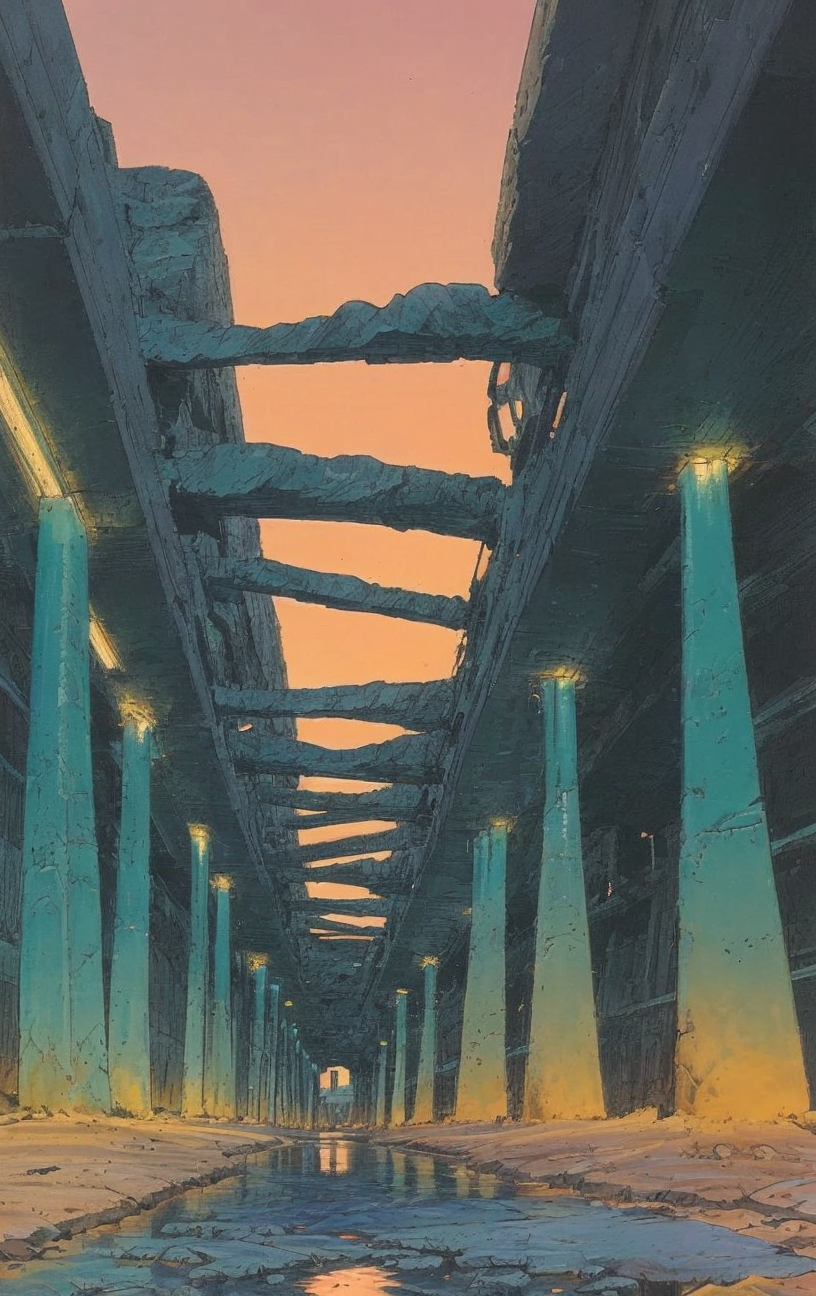 artwork <lora:Moebius:1>, outside, Extreme Wide Shot,,seashore    in chaparral biome, evening