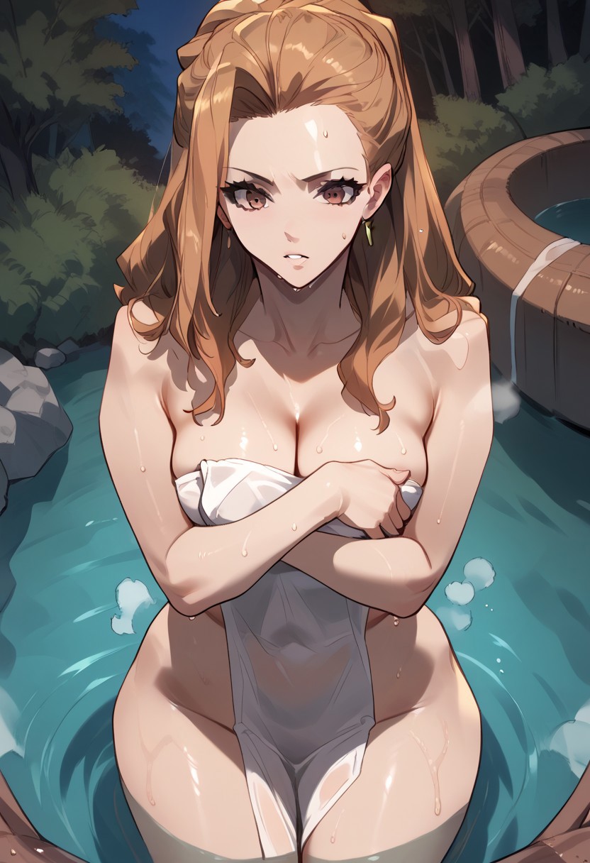 zPDXL3, score_9_up, score_8_up, score_7_up, (Anime_source), 1girl, HeoRanju, brown eyes, brownish hair, long hair, nude, towel, covering, parted lips, kneeling in hot tub, outside, night, trees, cowboy shot, steam, wet, looking at viewer, from above
