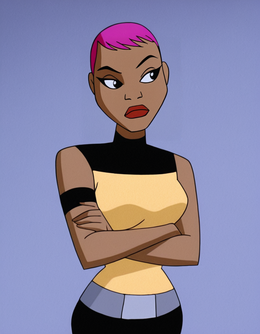 <lora:MaxGibsonIllustrious1.0JLFO:1> maxgibson, short hair, 1girl, pink hair, solo, dark skin, dark-skinned female, black eyes, sleeveless, makeup, lipstick, breasts, belt, black pants,crossed arms, looking to the side,