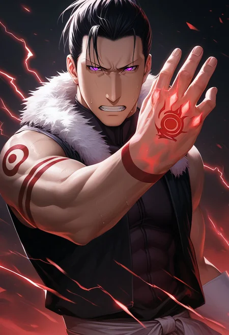 score_9, score_8_up, score_7_up, score_6_up, perfect anatomy, perfect proportions, best quality, masterpiece, high_resolution, high quality, aesthetic, absurdres, (male focus), solo male, source_anime, anime coloring, Greed, GreedFMAPony, black hair, short hair, hair slicked back, purple eyes, (sanpaku, small pupils, thin eyebrows:1.5), sleeveless, black vest, white fur trim, black pants, adult, mature, masculine, manly, handsome, charming, alluring, standing, portrait, headshot, close-up, from front, dutch angle, dark background, dark atmosphere, look at viewer, (one arm raised over face, show arm), sleeves rolled up, BREAK ouroboros homunculus red hand tattoo \(Fullmetal Alchemist\), glow tattoo, red lightning, red glow, electrokinesis, command spell, perfect lighting, cinematic, dynamic angle, sweat drop, fighting stance, serious, angry, mad, clench teeth