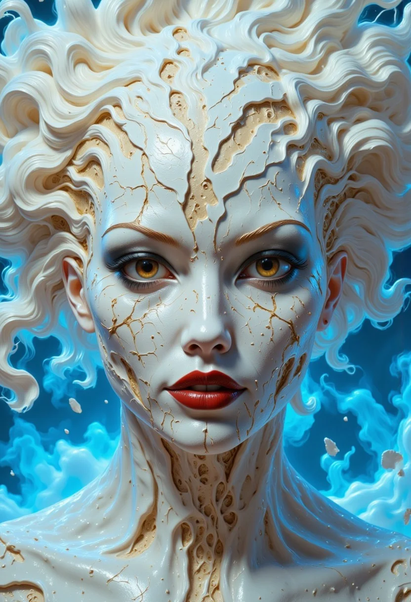 Close-up portrait of a statue of a woman. Her head and body are made of ivory and smooth with numerous, glowing, fine, hairline cracks covering the head and down her neck creating an organic mosaic pattern. She is biomechanical. Her eyes are an intense hazel color with black eyeshadow, and her lips are a rich, deep red color. A spot light focuses on her eyes, creating strong highlights and shadows. The light background is softly blurred showing a sea of white rose petals, but is blurred and out of focus so all visual attention is on the woman's eyes, nose and mouth. Her hair is stark white and falls around the lower half of the image. She is blending in with the background. She is looking at the viewer intensely. Blue and white smoke surround her body. She is like a bust. The overall impression is one of dramatic beauty, with an almost otherworldly quality. (((ultra-realistic style))), realistic soft lighting, eye-catching, atmospheric lighting, smokey environment, natural, shallow depth of field, (highlights: 0.8), high detail (dynamic, sincere, cinematic shot, film grain, bokeh, depth of field)