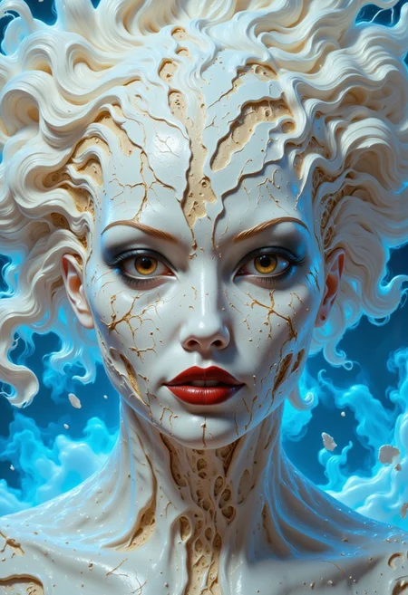 Close-up portrait of a statue of a woman. Her head and body are made of ivory and smooth with numerous, glowing, fine, hairline cracks covering the head and down her neck creating an organic mosaic pattern. She is biomechanical. Her eyes are an intense hazel color with black eyeshadow, and her lips are a rich, deep red color. A spot light focuses on her eyes, creating strong highlights and shadows. The light background is softly blurred showing a sea of white rose petals, but is blurred and out of focus so all visual attention is on the woman's eyes, nose and mouth. Her hair is stark white and falls around the lower half of the image. She is blending in with the background. She is looking at the viewer intensely. Blue and white smoke surround her body. She is like a bust. The overall impression is one of dramatic beauty, with an almost otherworldly quality. (((ultra-realistic style))), realistic soft lighting, eye-catching, atmospheric lighting, smokey environment, natural, shallow depth of field, (highlights: 0.8), high detail (dynamic, sincere, cinematic shot, film grain, bokeh, depth of field)